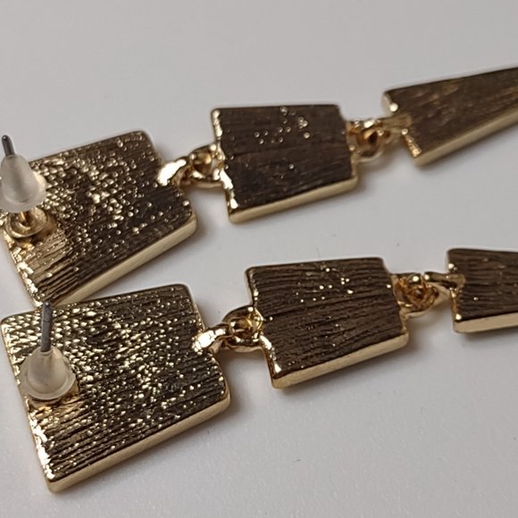 Blue And Gold Tone Metal Long Dangling Triangle Earrings - Picture 10 of 11